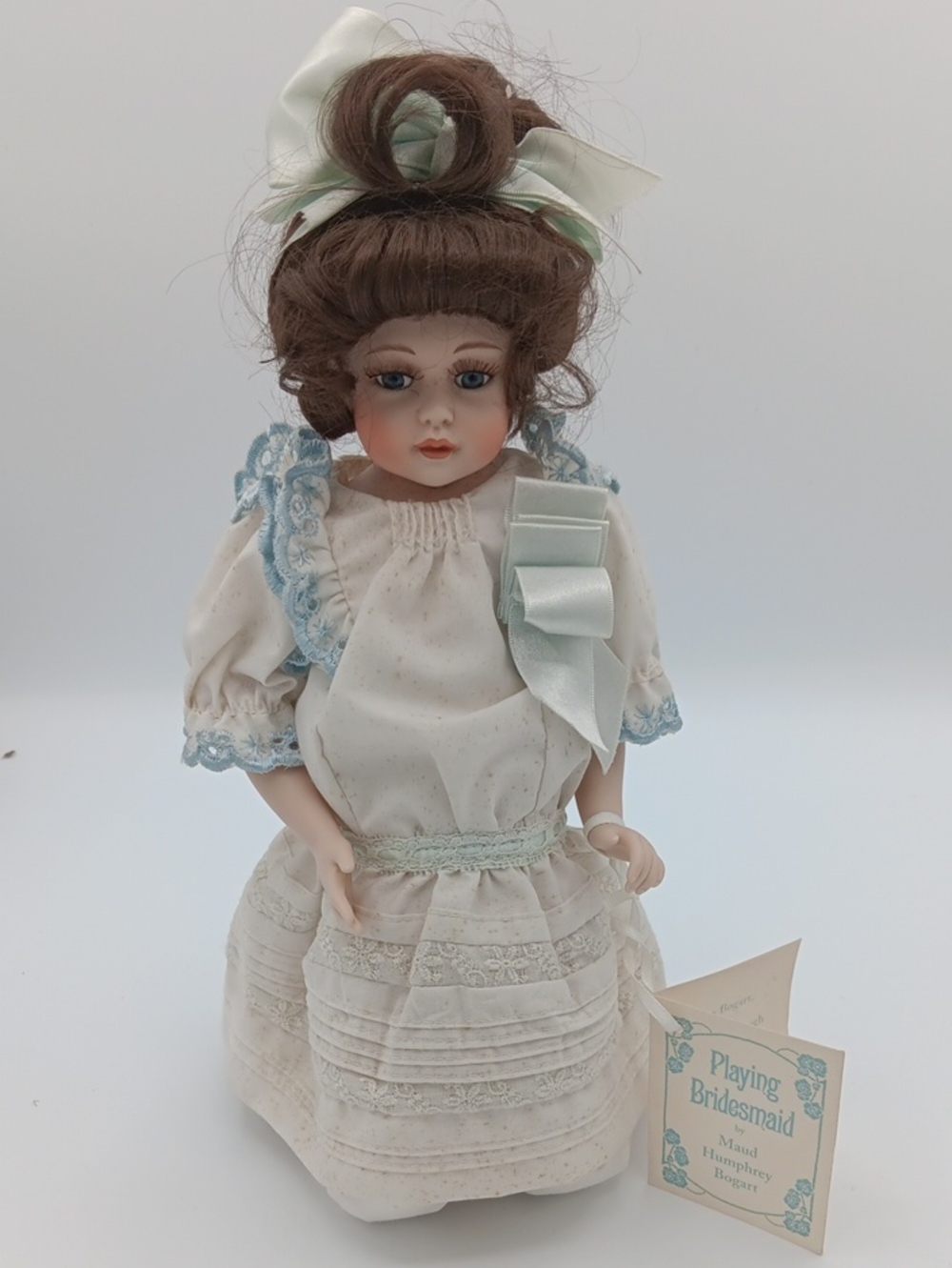Vintag Heritge Dolls Porcelain Bridesmaid Doll in Cream with Light Blue Trim